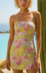 Floral jacquard strapless mini dress with slit- pink multi