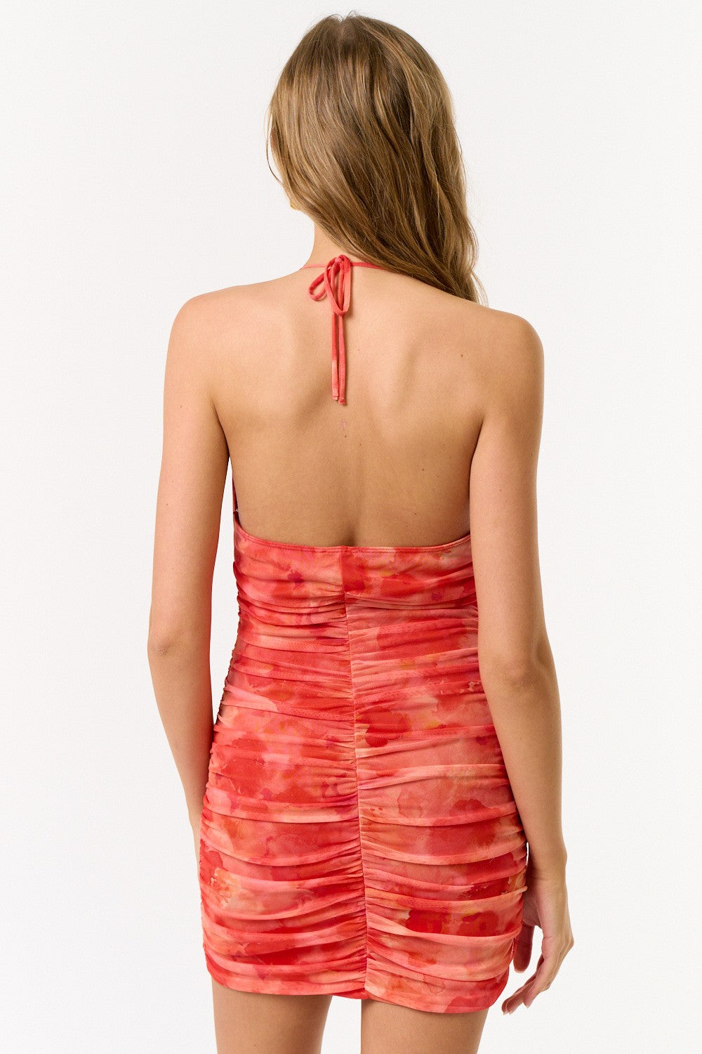 mesh Halter ruched Mini Dress-orange