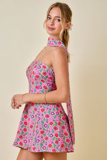 Pink Floral Strapless Mini Dress with Scarf