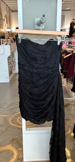 Black strapless ruched lace mini dress