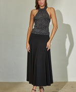 Black Shimmer Open-Back Halter Top- dark silver