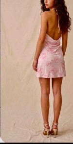 Pink Beaded Floral Cowl Back Mini Dress