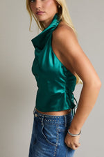 Emerald Green Satin Cowl Neck Halter Top