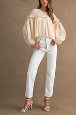 Cream Sheer Ruffle Balloon Sleeve Blouse