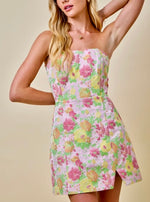 Floral jacquard strapless mini dress with slit- pink multi
