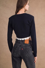 Navy Crochet Trim Cropped Cardigan