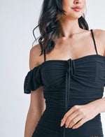 Black Off-Shoulder Ruched Mini Dress. Black