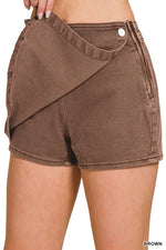 Brown Washed Denim Wrap Skort