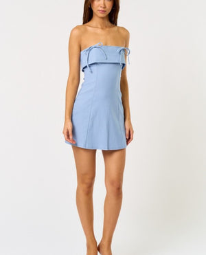 Sharon Strapless Bow Detail Mini Dress. White - blue