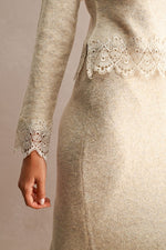 Light Taupe Lace Trim Knit Midi Skirt