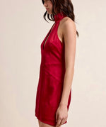 Red lips Mini halter open back silky dress -red