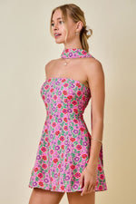 Pink Floral Strapless Mini Dress with Scarf