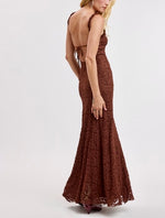 Chocolate Brown Lace Ruffle Maxi Dress