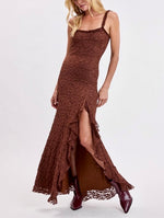 Chocolate Brown Lace Ruffle Maxi Dress