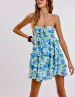 Blue Floral Strapless Ruffle Mini Dress