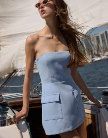 Blue sky Strapless Pocket Mini Dress-blue