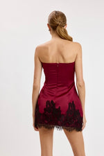 Satin & Lace Strapless Mini fit & flare Dress navy-burgundy