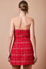 Red Plaid Tweed Strapless Mini Dress