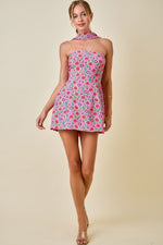 Pink Floral Strapless Mini Dress with Scarf