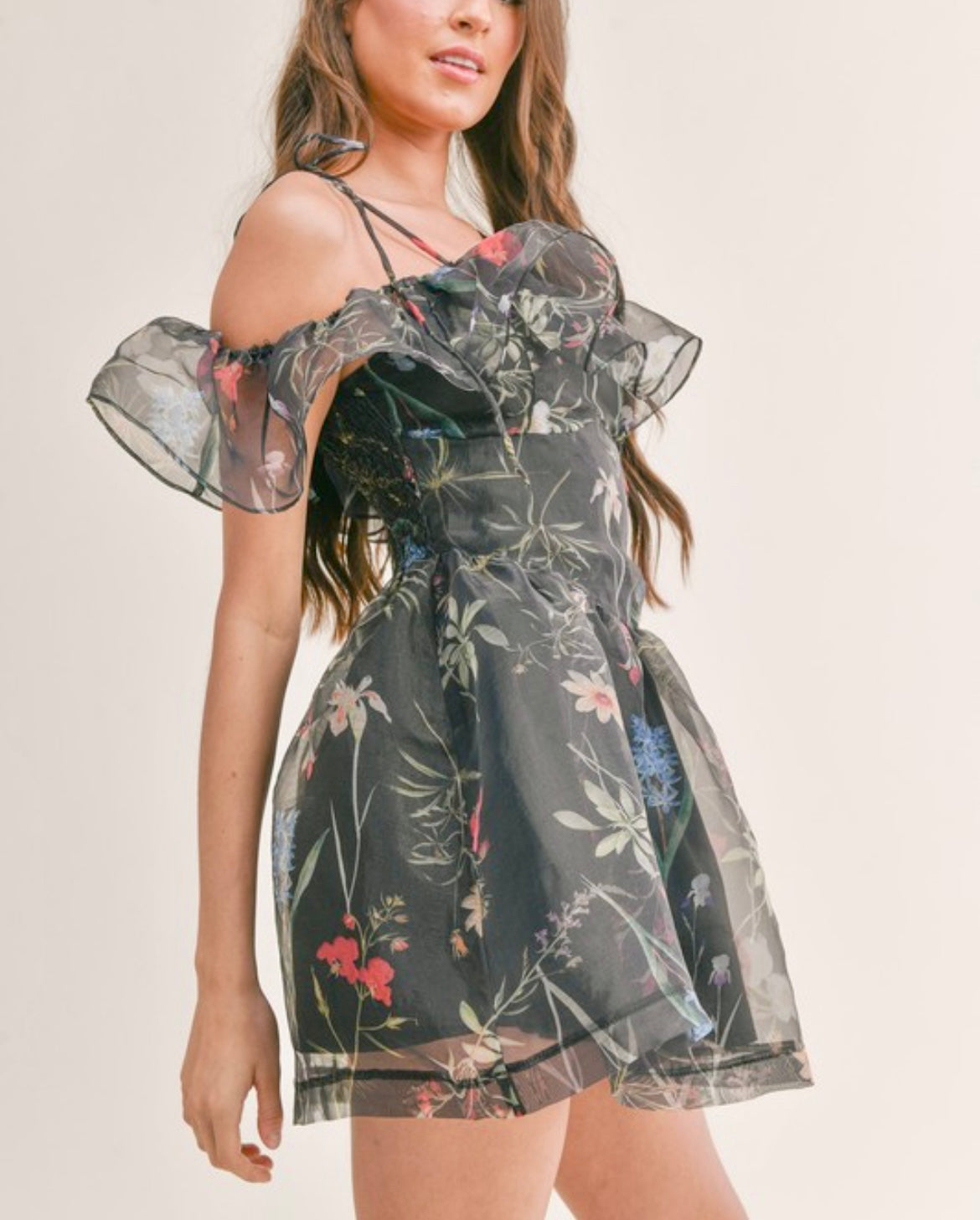 🌸 Sheer floral organza Off-Shoulder Mini Dress