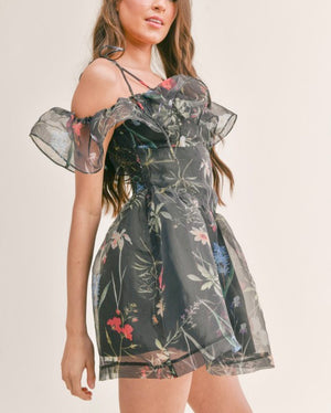 🌸 Sheer floral organza Off-Shoulder Mini Dress