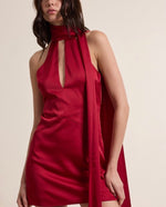 Red lips Mini halter open back silky dress -red