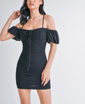 Black Off-Shoulder Ruched Mini Dress. Black