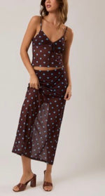 Brown Polka Dot Mesh Cami Top and skirt set
(Sold Separately)