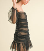 Black Mesh Off-Shoulder Ruched Mini Dress