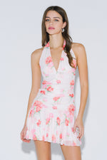 Pink floral print halter mini dress with open back and ruched waist