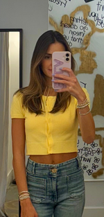 Cropped short sleeve knit Cardigan Top. ivory- yellow- pink