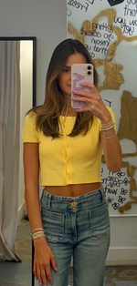 Cropped short sleeve knit Cardigan Top. ivory- yellow- pink