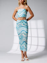 Blue Wave Print mesh Crop Top |and skirt set. Sold separately