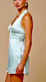 Sage lace trim satin halter mini dress