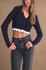 Navy Crochet Trim Cropped Cardigan