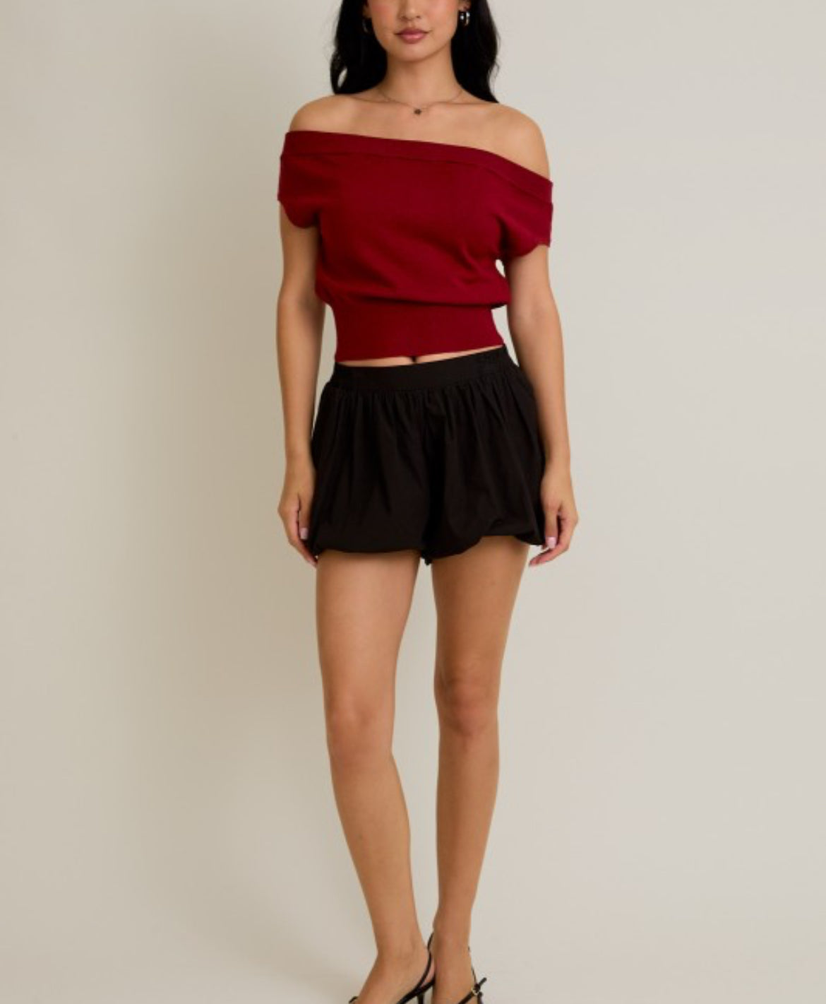Crimson Off-Shoulder Knit Top - burgundy