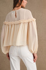 Cream Sheer Ruffle Balloon Sleeve Blouse