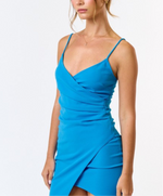 Blue cross over front asymmetric mini dress