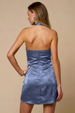 Blue Satin Jacquard Halter Mini Dress