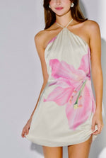 Ivory Halter Mini Dress with Pink Lily Detail – Summer Brunch & Day Party Dress