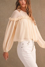 Cream Sheer Ruffle Balloon Sleeve Blouse