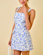 Blue Floral Square Neck Mini Dress with Pockets