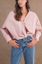 Oversized Self-Knot Front Button-Down Shirt pink- black