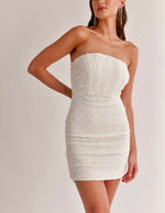 London nights Strapless Textured Bodycon Mini Dress. White- black