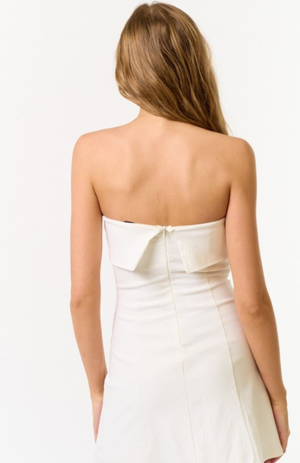 Sharon Strapless Bow Detail Mini Dress. White - blue