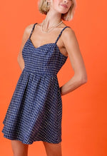 Navy Blue Tweed Fit and Flare Mini Dress