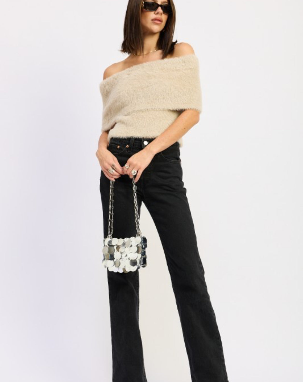 Fuzzy Off-Shoulder Sweater Top 🤍cream