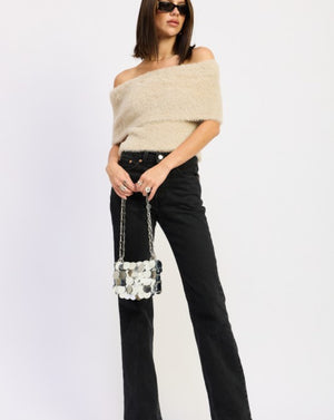 Fuzzy Off-Shoulder Sweater Top 🤍cream