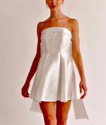 white satin strapless mini dress front view
