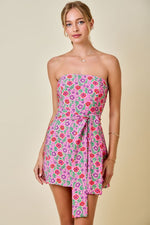 Pink Floral Strapless Mini Dress with Scarf